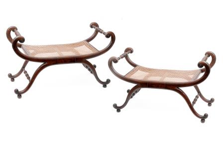 Pair of Cane Seated Duet Stools. Pair of Cane Seated Duet Stools.